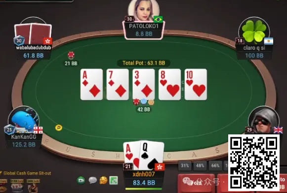【红龙扑克】牌局分析：3bet底池，清一色flop，顶对要不要stab？