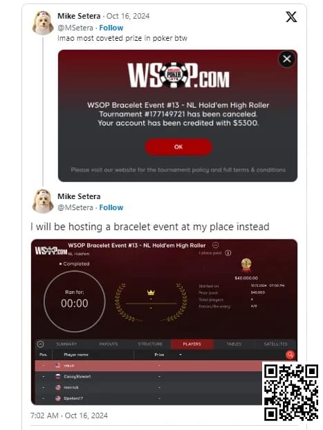 【红龙扑克】活久见！金手链没人要了？WSOP线上赛因参赛人数不足自动取消