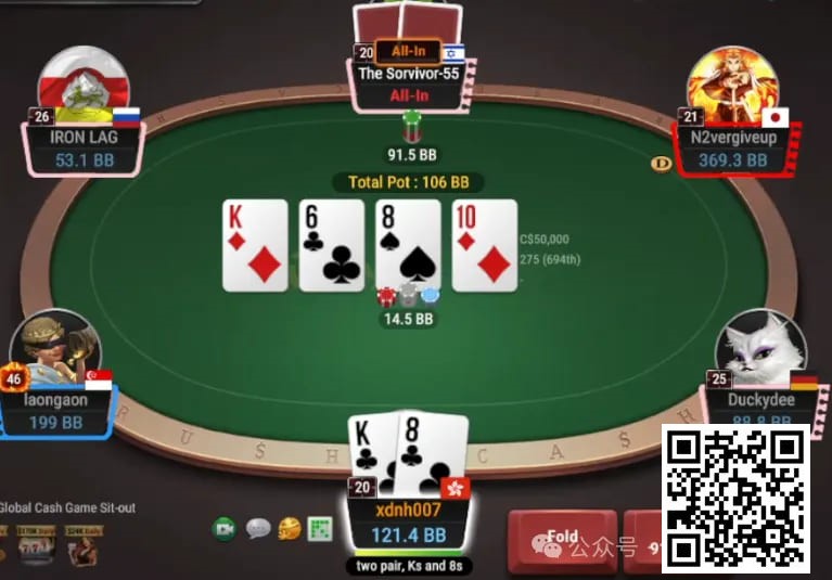 【红龙扑克】牌局分析:2对面对6倍超池allin