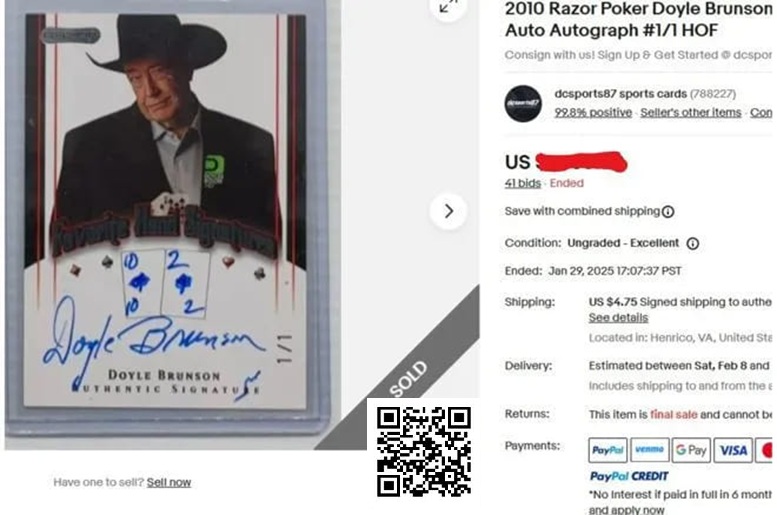【红龙扑克】趣闻 | Doyle Brunson亲笔签名扑克交易卡以1603美元高价成交