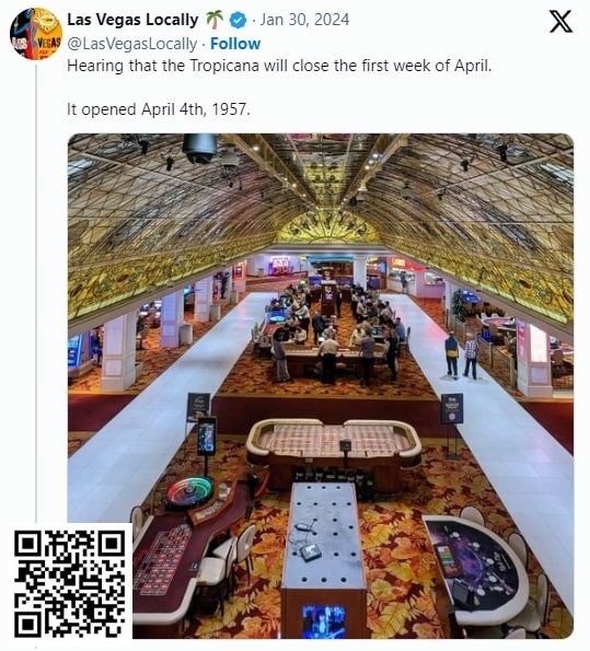 【红龙扑克】标志性的拉斯维加斯Tropicana娱乐场将于4月关闭，为奥克兰运动家队的搬迁做准备