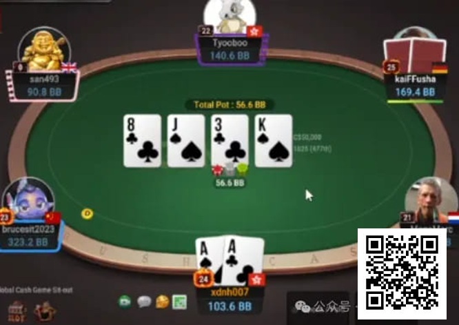 【红龙扑克】牌局分析：双听花转牌check