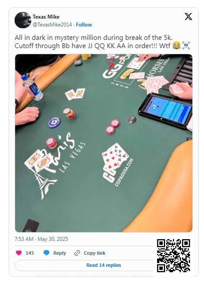 【红龙扑克】WSOP的神奇时刻：Michael Moncek在盲注位全下，没想到身后有JJ、QQ、KK和AA