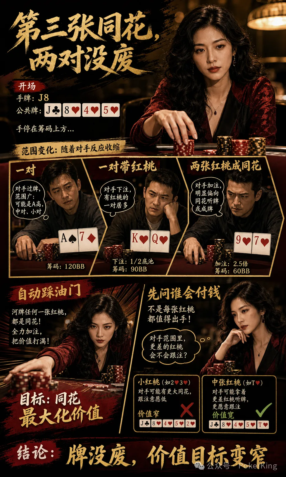 【红龙扑克】转牌第三张同花落地，两对还能继续吗？先问三件事再决定
